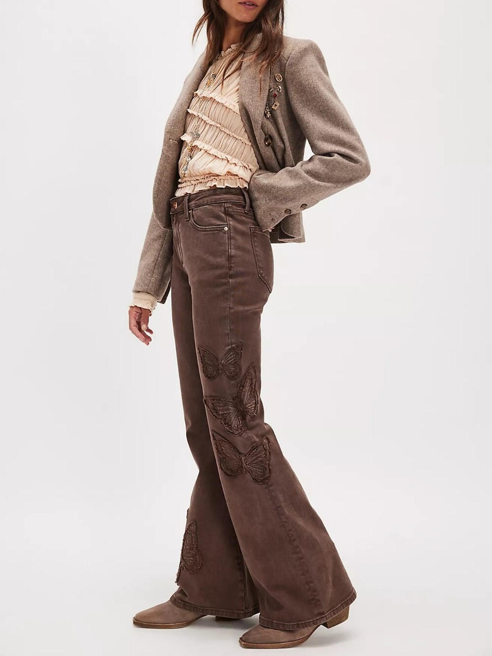 Driftwood Farrah X Butterfly Patchwork Flare Jeans Brown Wash Denim 27